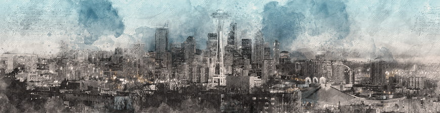 Artistic Watercolor Sketch of Seattle Skyline with Space Needle