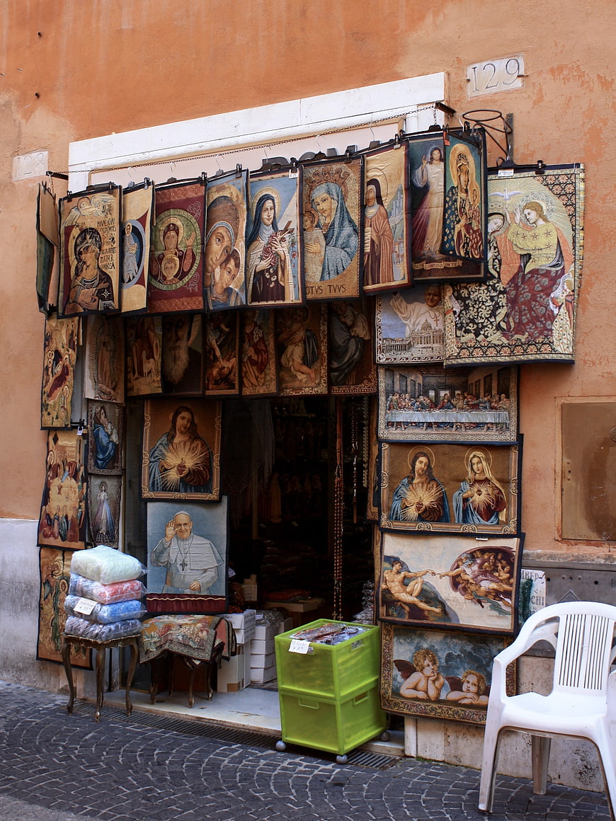 Religious tapestry shop in Rome, Italy