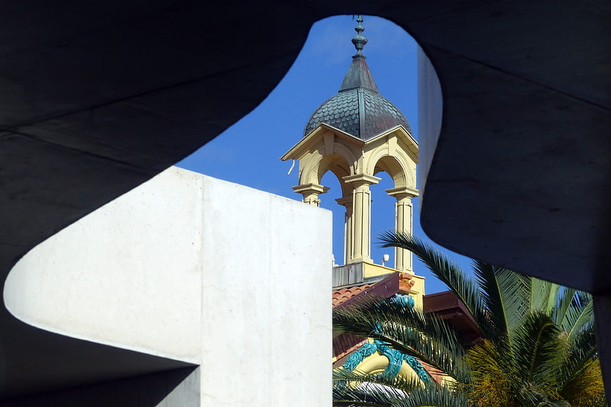 Architectural detail of a tower through a concrete frame