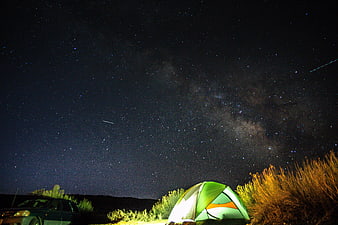 Camping under the Milky Way with a car and tent