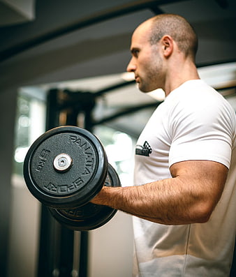 Athletic Man Lifting Dumbbell in Gym
