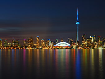 Toronto Skyline Night View With CN Tower And Water Reflections