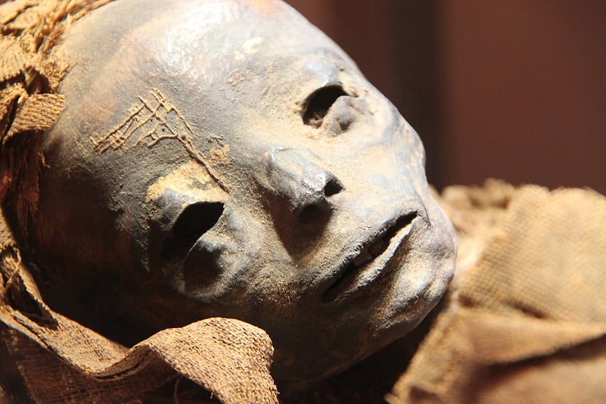 Close-up of Ancient Egyptian Mummy Face with Hieroglyphs