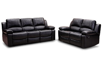 Black Leather Recliner Sofa and Loveseat Set on White Background