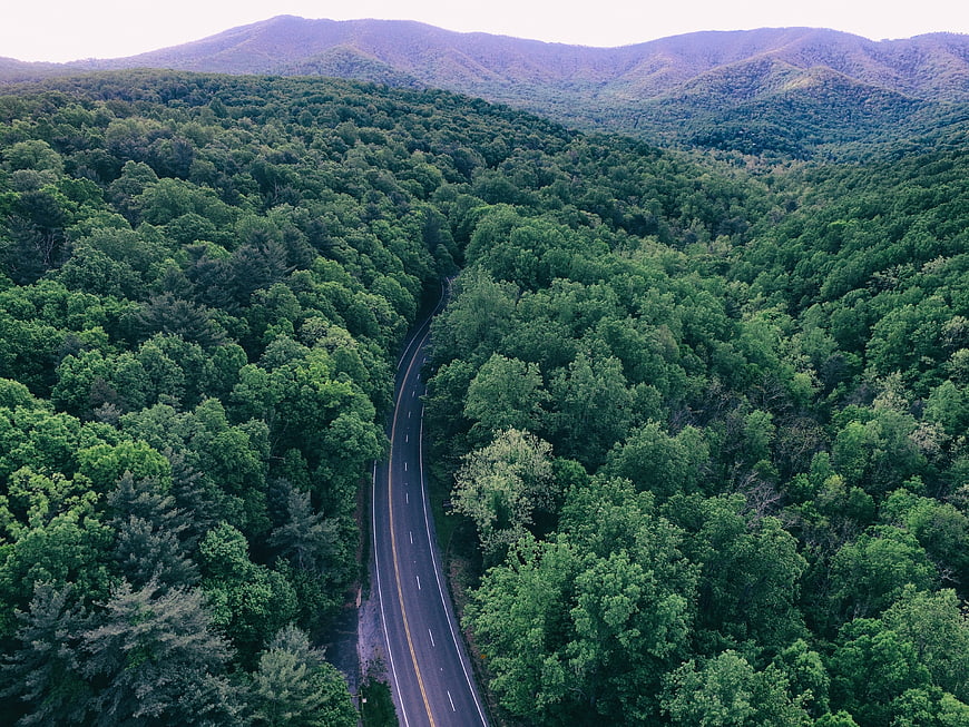Aerial View of Winding Road Through Green Forest Mountains