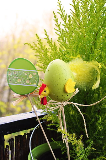Green Easter Egg Rooster Decoration on Garden Stake