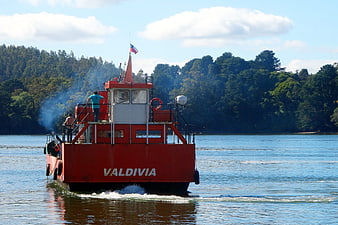Red Valdivia Ferry Boat on River