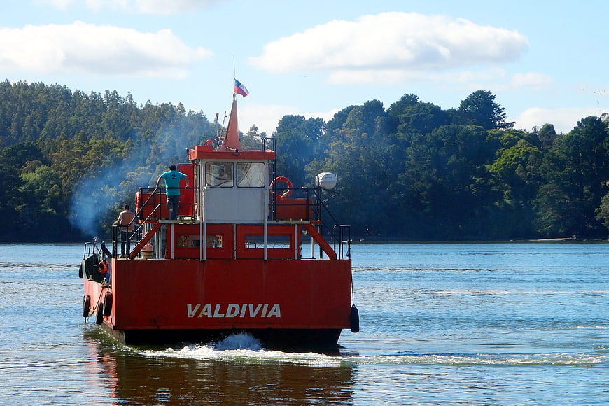 Red Valdivia Ferry Boat on River