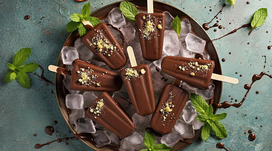 Chocolate Mint Popsicles on Ice with Fresh Mint Leaves