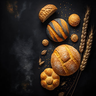 Artistic Flat Lay of Artisan Bread and Wheat on Dark Background