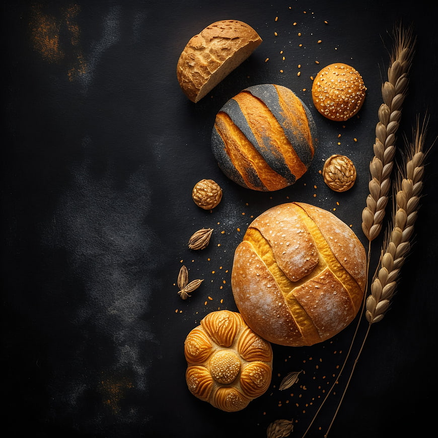 Artistic Flat Lay of Artisan Bread and Wheat on Dark Background
