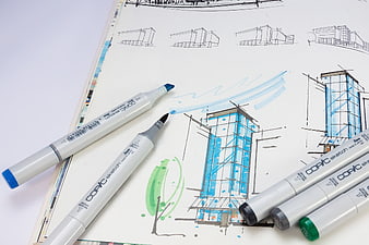 Architectural Sketches With Copic Markers On White Paper