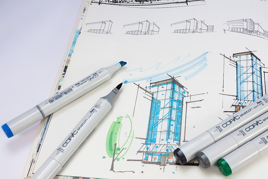 Architectural Sketches With Copic Markers On White Paper