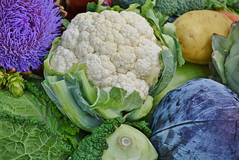 Fresh Organic Vegetable Harvest Flat Lay With Cauliflower And Red Cabbage