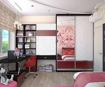 Modern 3D Render of a Girl's Bedroom with Pink and Black Furniture