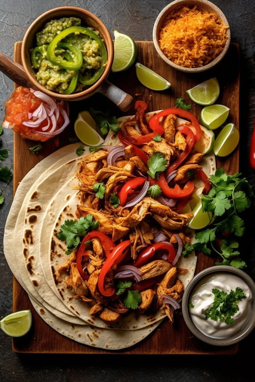 Overhead view of chicken fajitas with toppings on wooden board