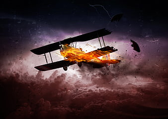 Vintage Biplane Crashing in Fire During Storm