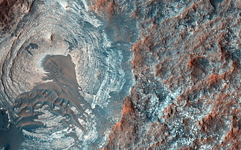 Aerial view of Mars surface with dunes and craters