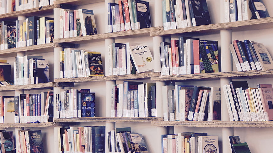 Colorful books on wooden shelves in a library