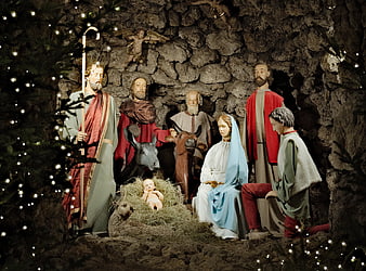 Traditional Christmas Nativity Scene With Figurines And Crib