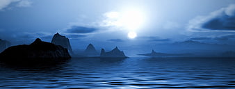 Mystical Blue Ocean Landscape With Silhouetted Rocks And Moonlight