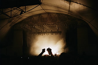 Silhouette of concert crowd with raised hands under stage lights