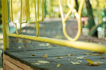 Close-up of yellow metal railing on wooden park bench with fallen leaves