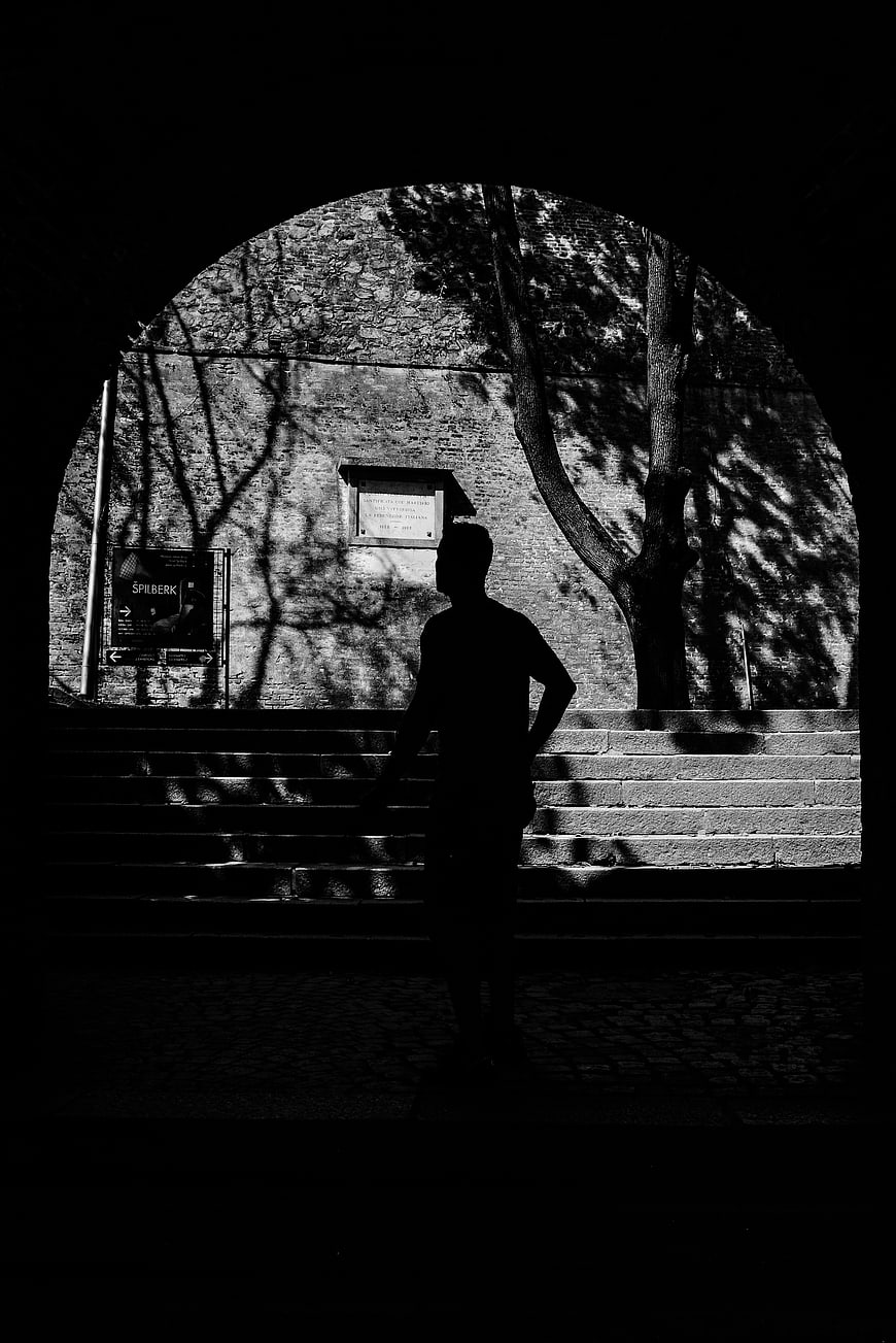 Silhouette of Man Standing in Arched Stone Passage