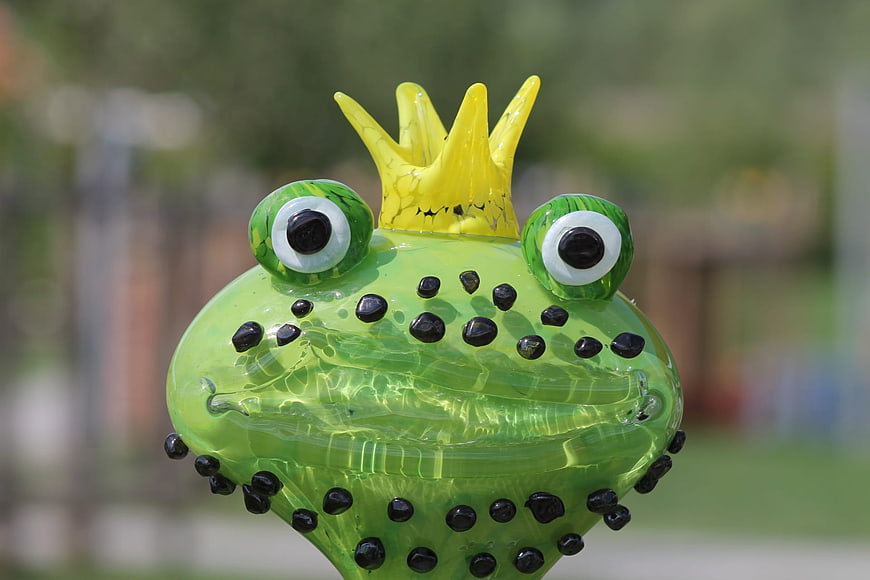 Green Glass Frog Sculpture with Yellow Crown