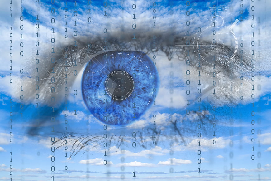 Blue Eye Surveillance Concept With Binary Code And HUD Overlay