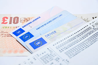 UK Driving License, Driver Card, and Tachograph Printout with Banknote