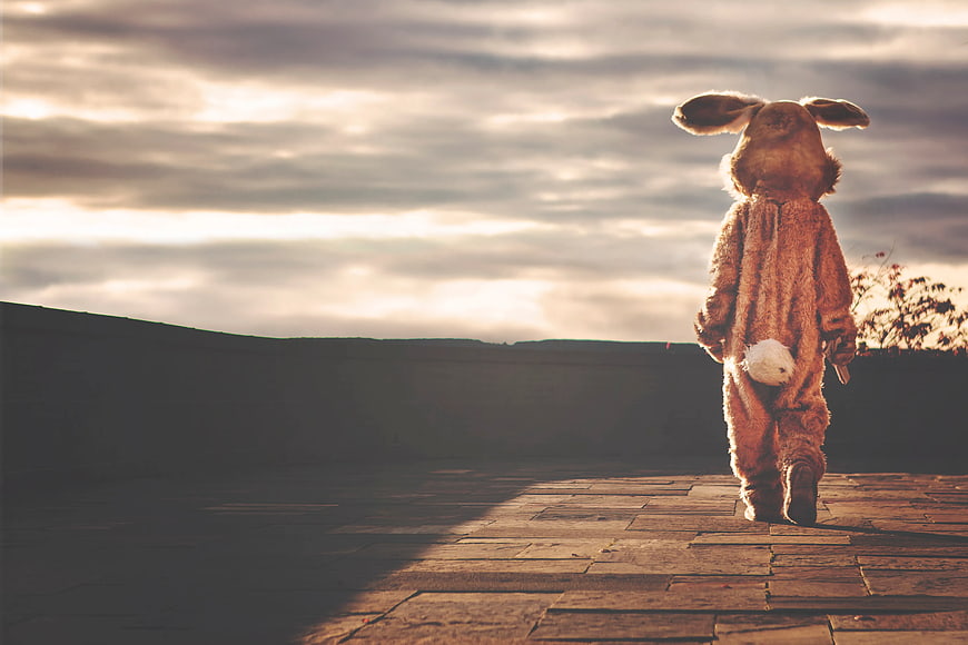 Person in Rabbit Costume Walking on Rooftop at Sunset