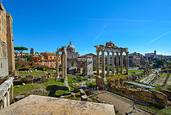Ancient Roman Forum Ruins and Temple Columns in Rome, Italy