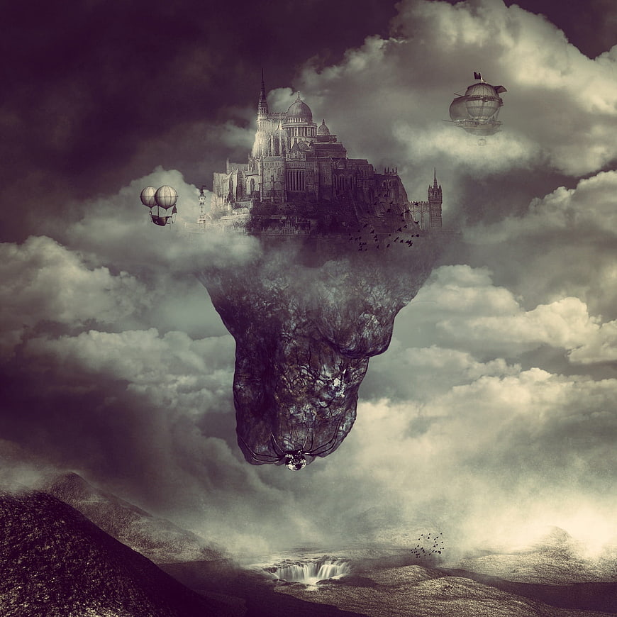 Fantasy Floating Castle in Clouds with Airships and Waterfall