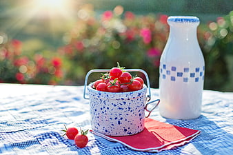 Fresh cherry tomatoes in enamel bucket on checkered tablecloth