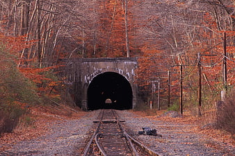 Autumn Railroad Tracks Leading to Stone Tunnel Entrance