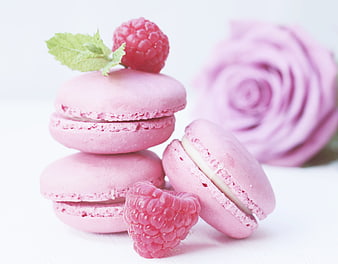 Pink macarons with raspberries and rose on white background