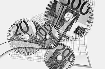 Black and white gears made of euro banknotes symbolizing economy