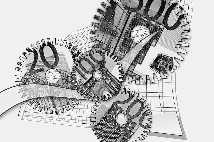 Black and white gears made of euro banknotes symbolizing economy