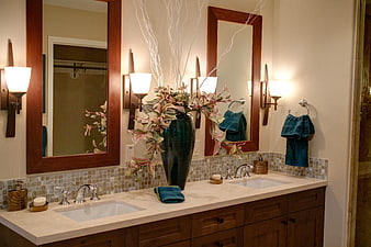 Modern Double Vanity Bathroom Interior with Wooden Cabinets