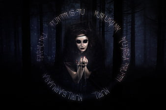 Dark Witch Ritual In Misty Forest With Mystical Runes