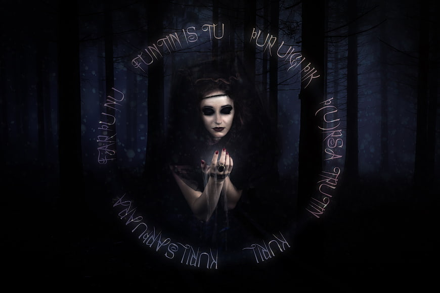 Dark Witch Ritual In Misty Forest With Mystical Runes
