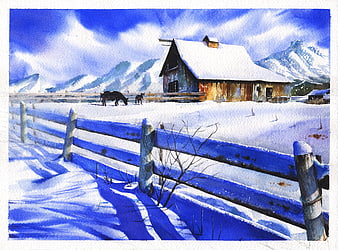 Watercolor painting of snowy mountain farm with barn and cows
