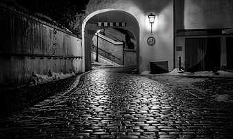 Moody Black and White Night Scene of Wet Cobblestone Street and Arched Passage