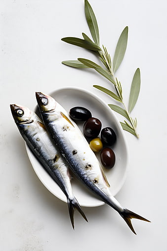 Top view of fresh sardines with olives and olive branch