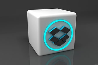 3D Dropbox Icon Cube with Glowing Cyan Ring on Dark Background