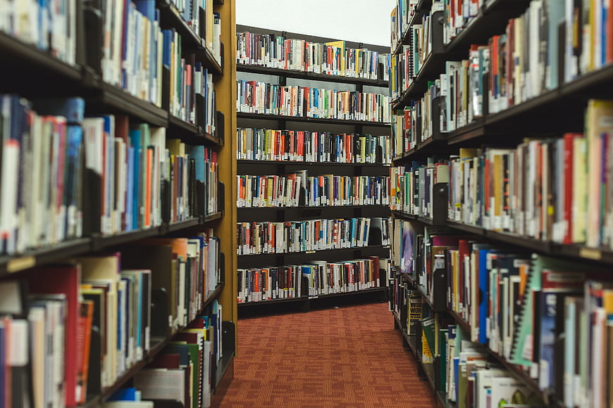 Library aisle with bookshelves and red carpet
