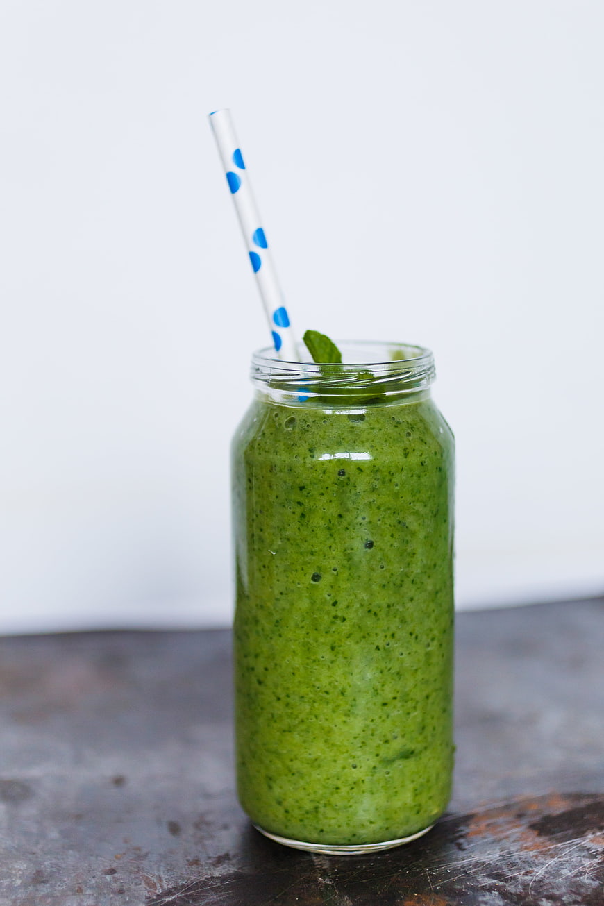 Green Smoothie in Mason Jar with Polka Dot Straw