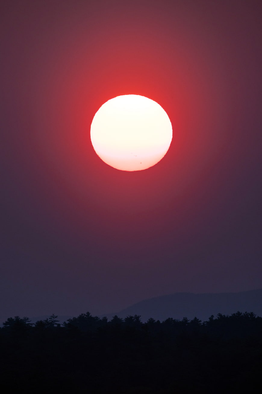 Vibrant Red Sun Setting Over Silhouetted Forest Landscape