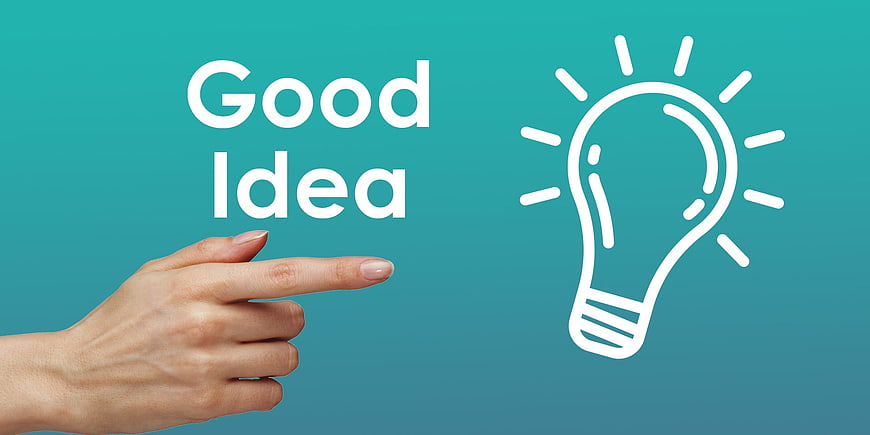 Hand pointing to Good Idea text and lightbulb icon on teal background